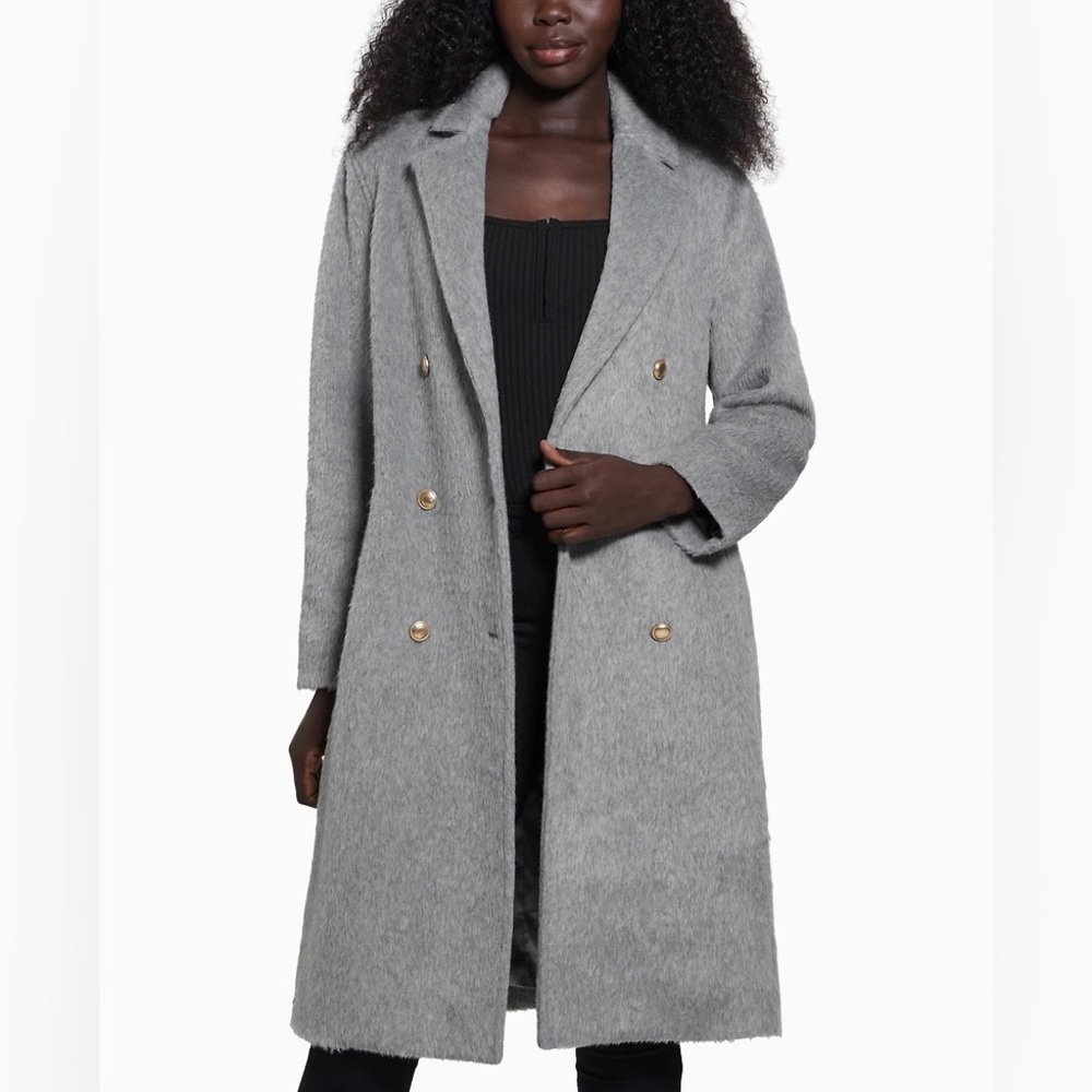 GUESS NWT Textured Wool Blend Double Breasted Coat Light Stone Heather Size S - Picture 4 of 16